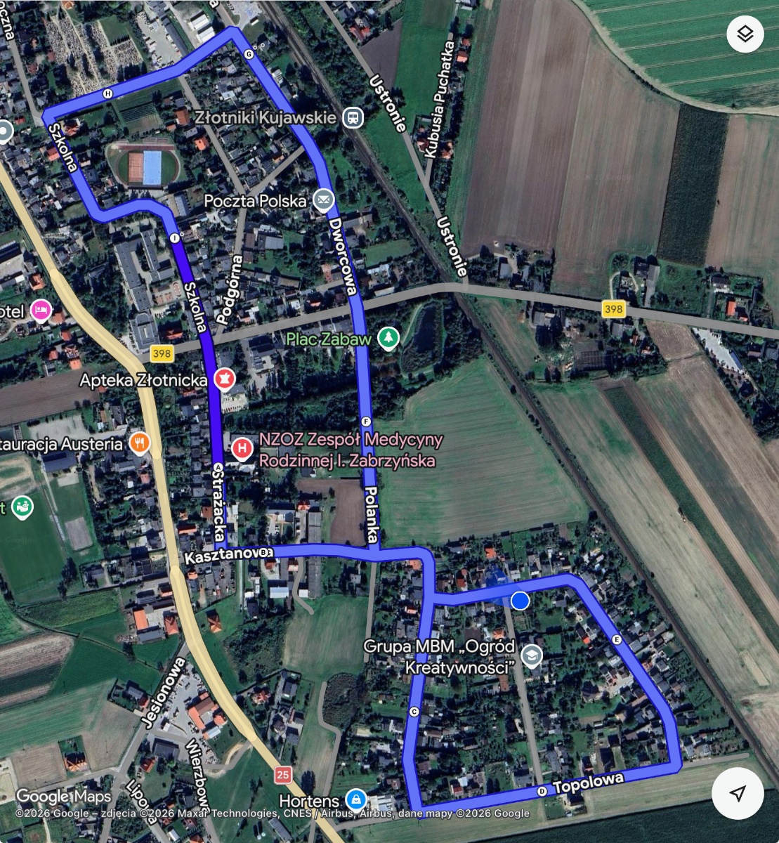 mapa z&nbsp;wyznaczoną trasą