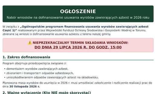 Zdjęcie do Nab&oacute;r wniosk&oacute;w na dofinansowanie usuwania wyrob&oacute;w zawierających azbest w 2026r.