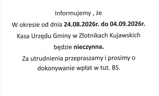 Zdjęcie do Kasa Urzęgu Gminy nieczynna w 24.08.-04.09.2026r.